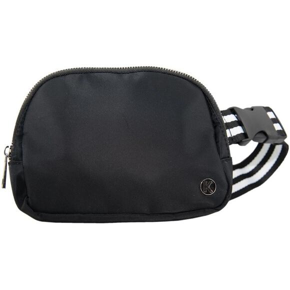 Black Nylon Crossbody Sling Bag Fanny Pack Belt Bag with Striped Strap - Picture 1 of 4